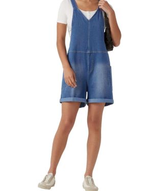 V-Neck Rolled Hem Denim Short Overalls with Pockets