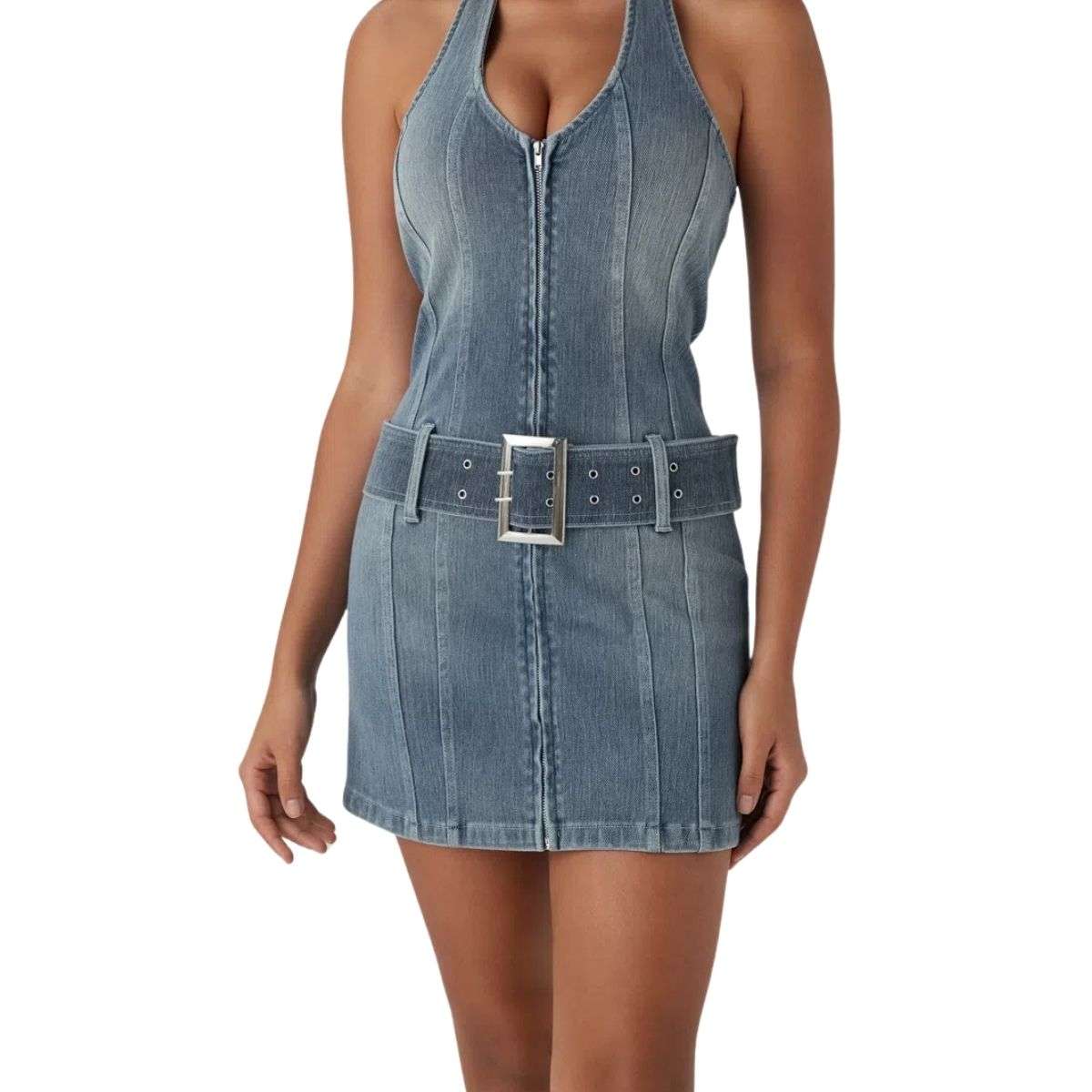 Halter Neck Belted Zip Front Denim Mini Dress