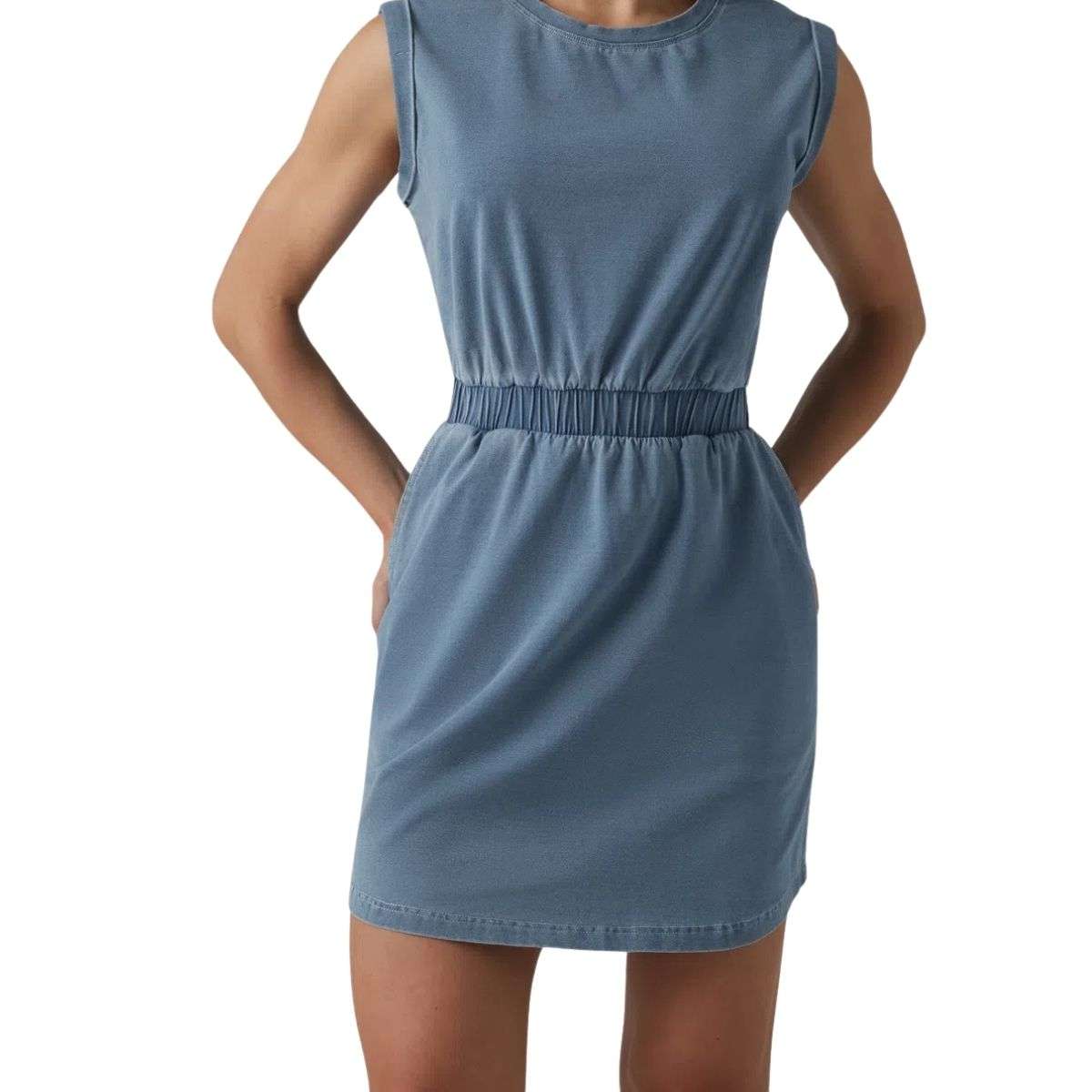 Round Neck Sleeveless Elastic Waist Denim Mini Dress