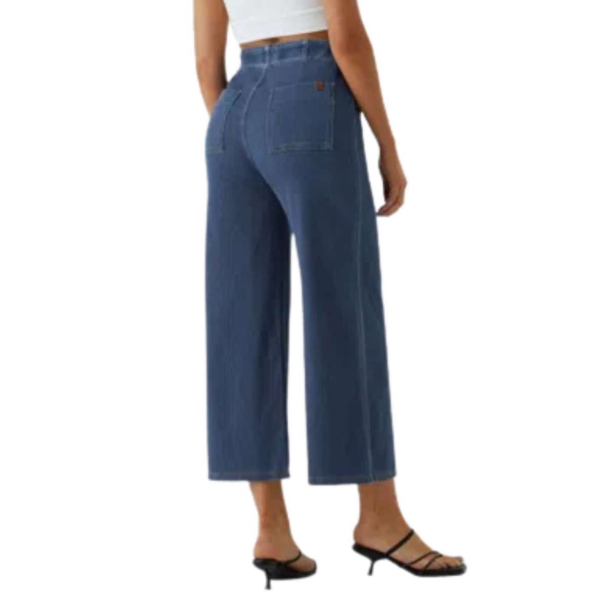 High Rise Button Front Cropped Wide Leg Jeans