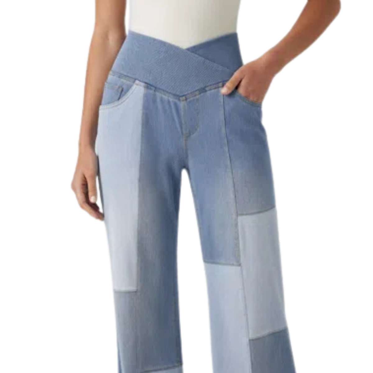 Crossover Waist Patchwork Wide Leg Jeans