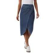 High Rise Wrap Front Tulip Midi Denim Skirt