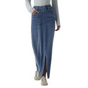 High Rise Side Stripe Split Maxi Denim Skirt