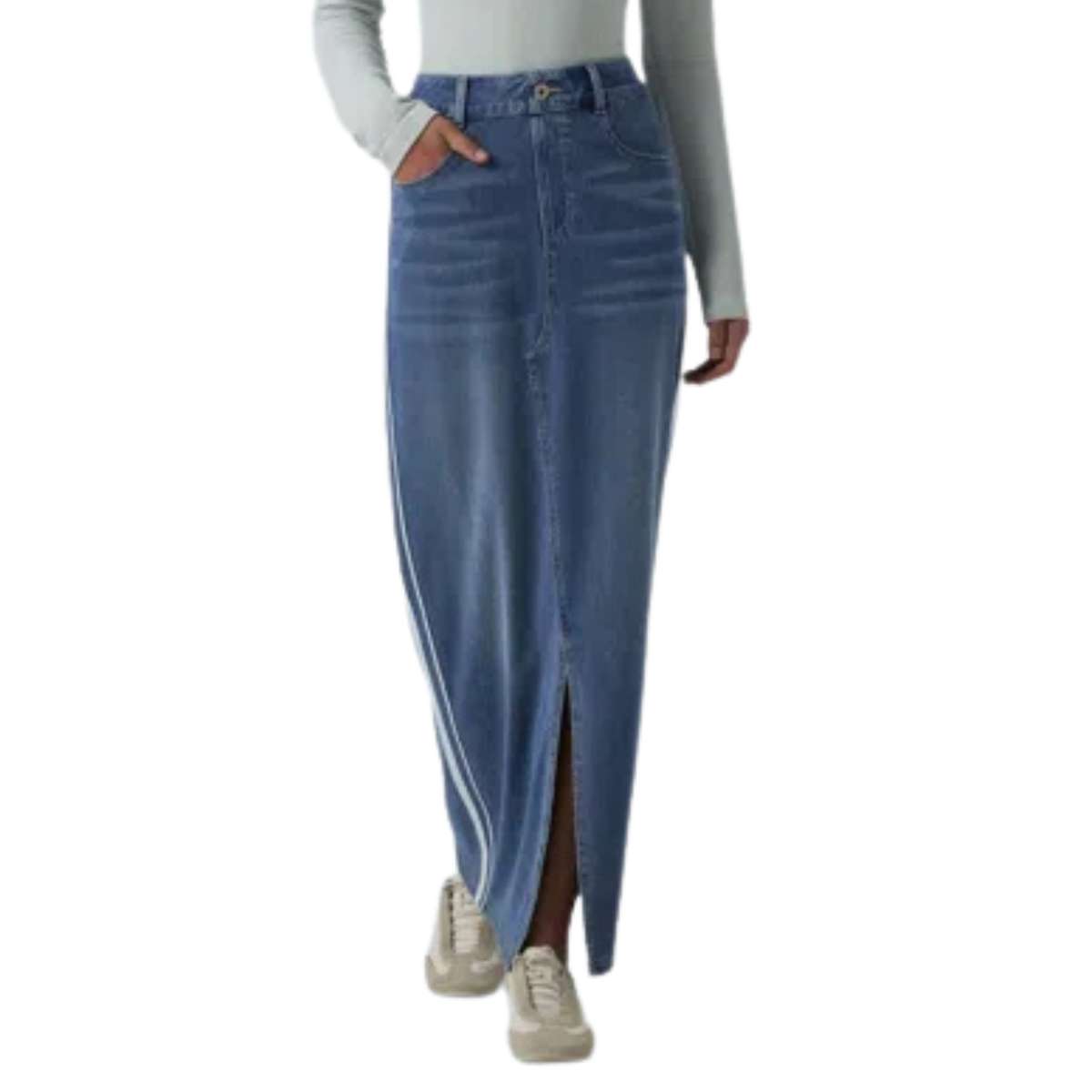 High Rise Side Stripe Split Maxi Denim Skirt