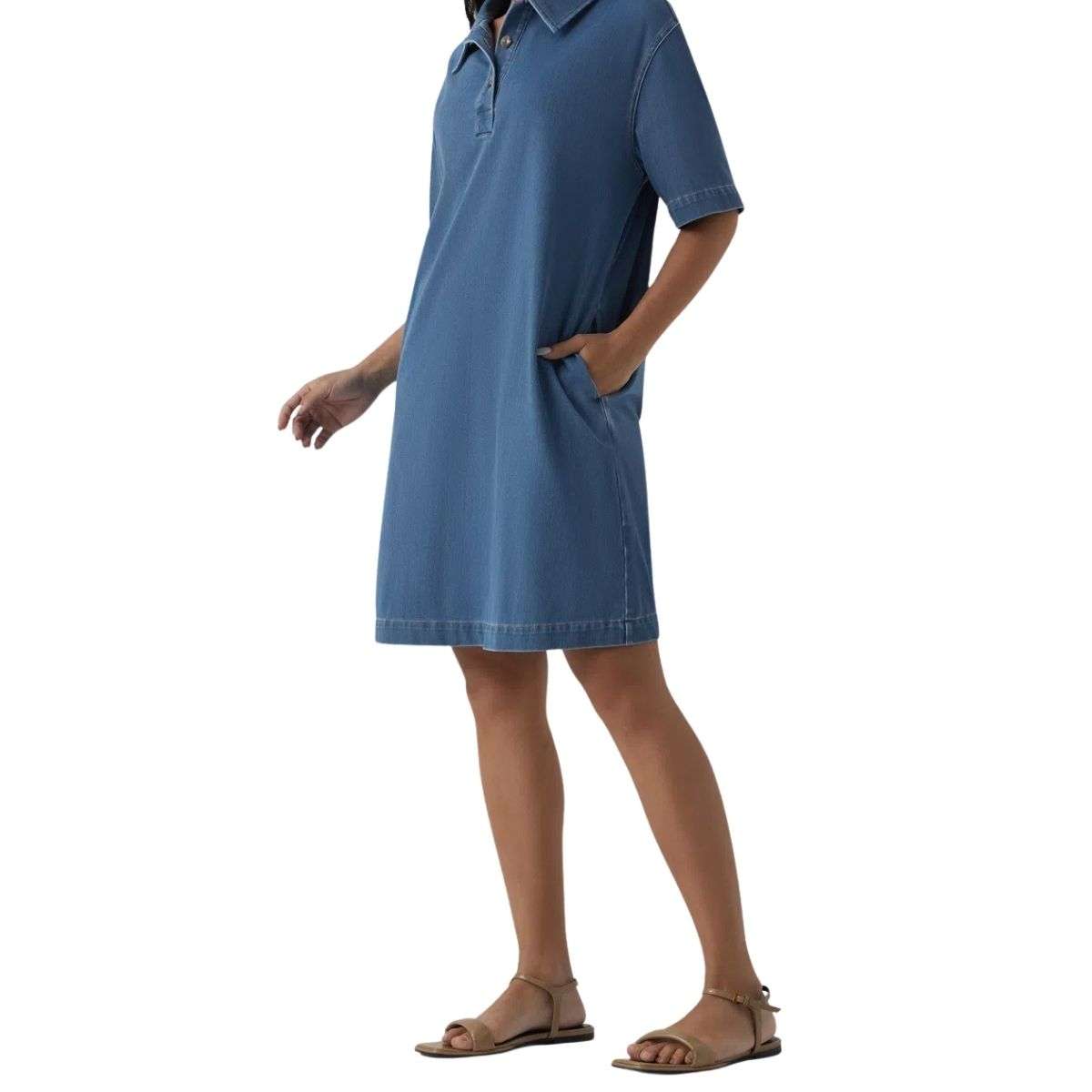 Short Sleeve Polo Denim Mini Dress with Pockets