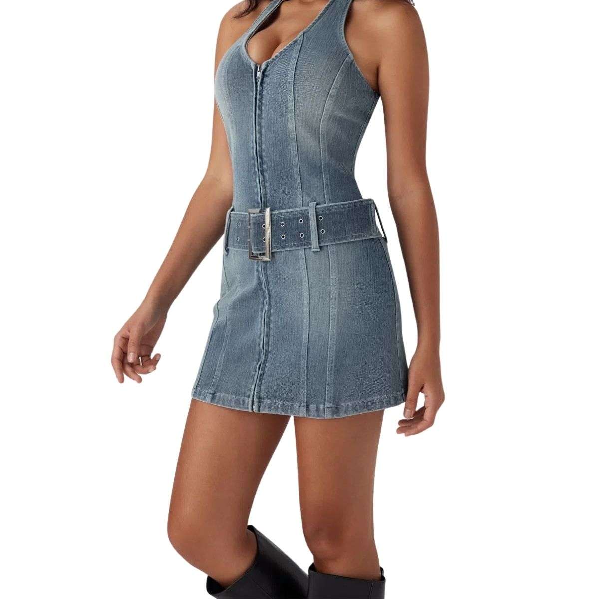 Halter Neck Belted Zip Front Denim Mini Dress