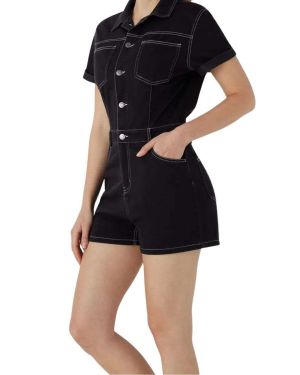 Contrast Stitch Button-Up Denim Utility Romper