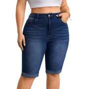 High Waist Stretch Denim Bermuda Shorts