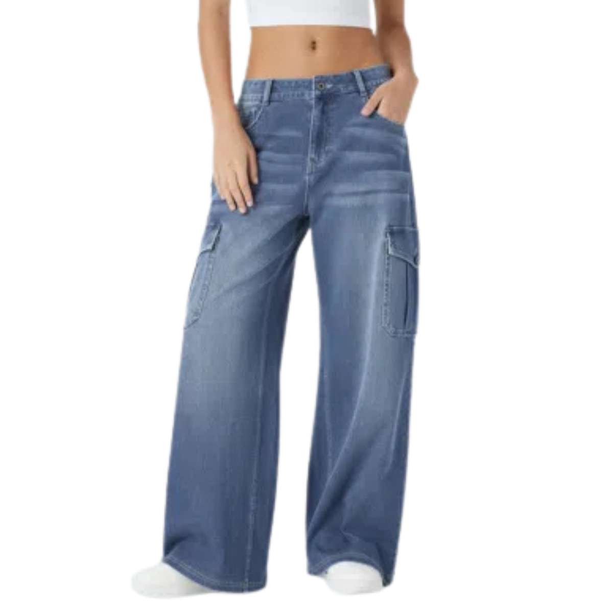 Low Rise Relaxed Wide Leg Cargo Jeans with Utility Pockets