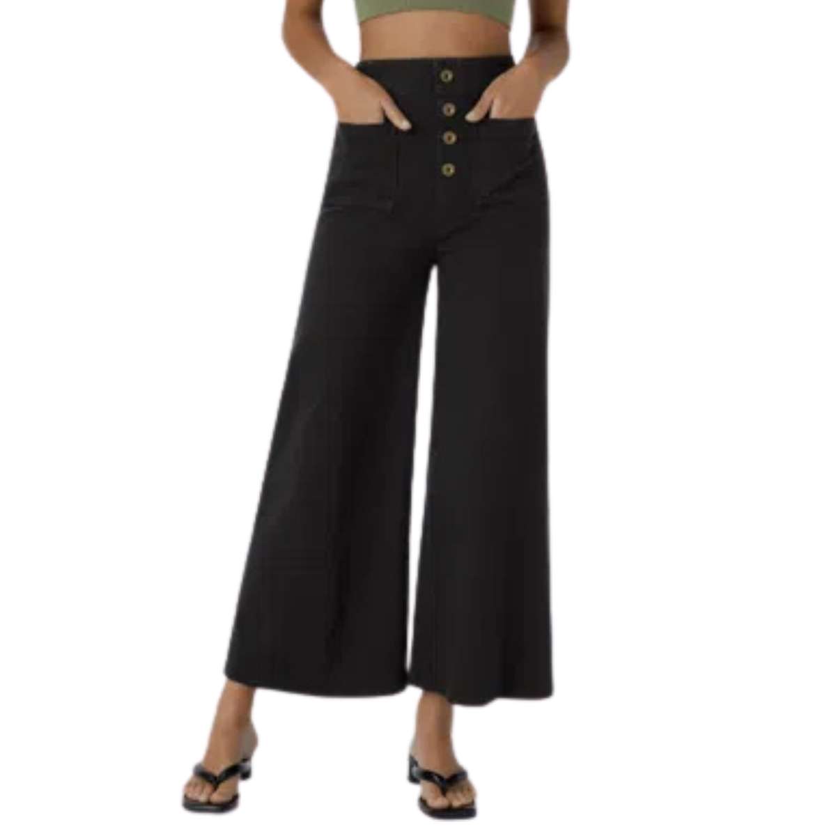 High Rise Button Front Cropped Wide Leg Jeans