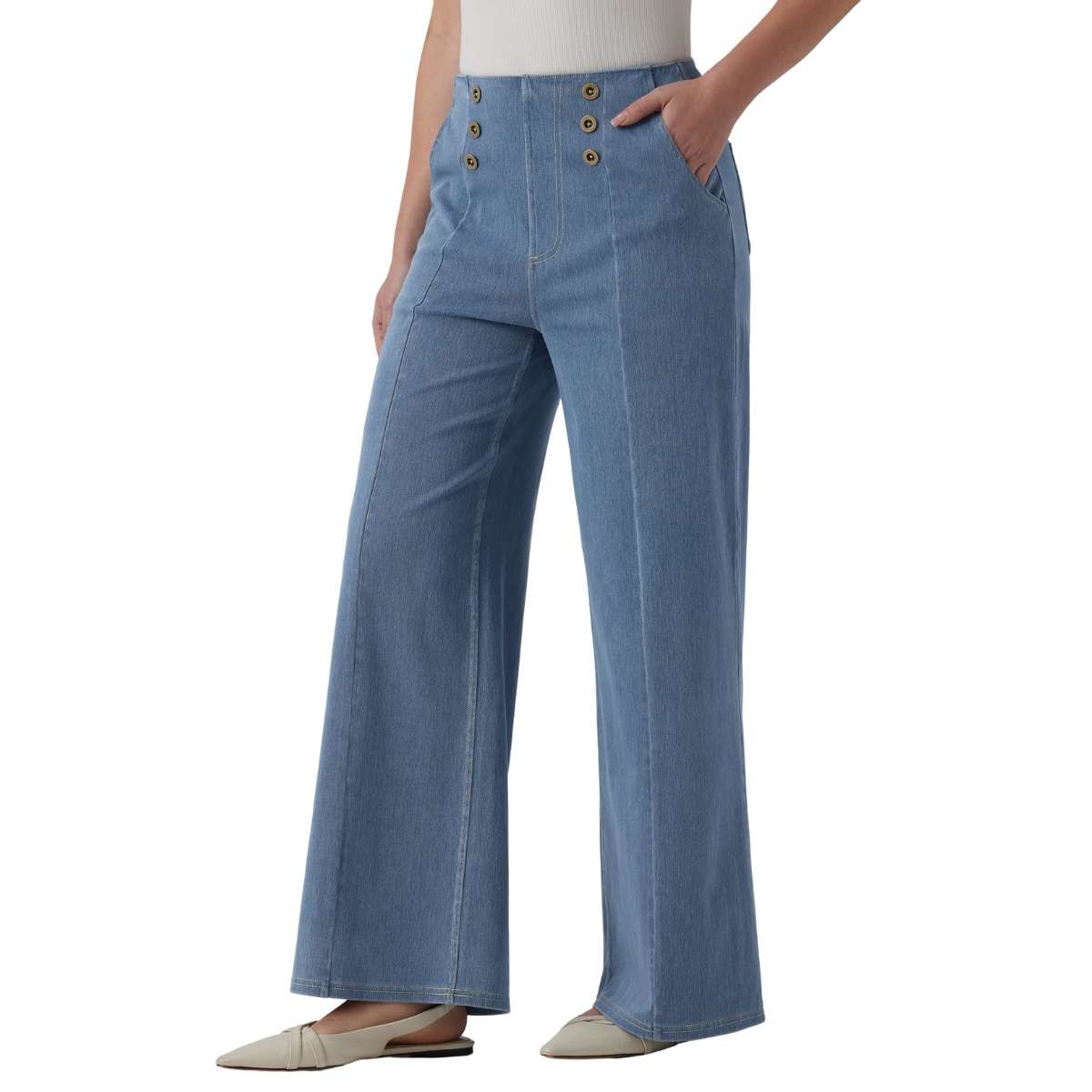 High Waist Button Detail Wide Leg Jeans