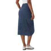 High Rise Wrap Front Tulip Midi Denim Skirt
