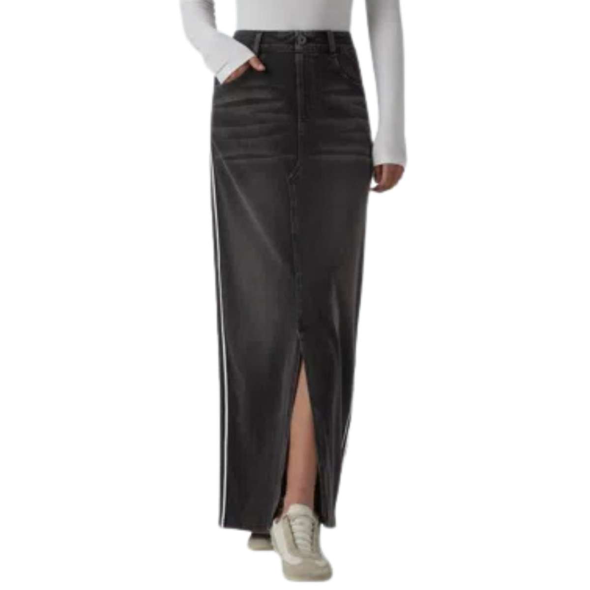 High Rise Side Stripe Split Maxi Denim Skirt
