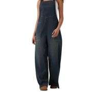 Washed Wide Leg Denim Overalls with Utility Pockets