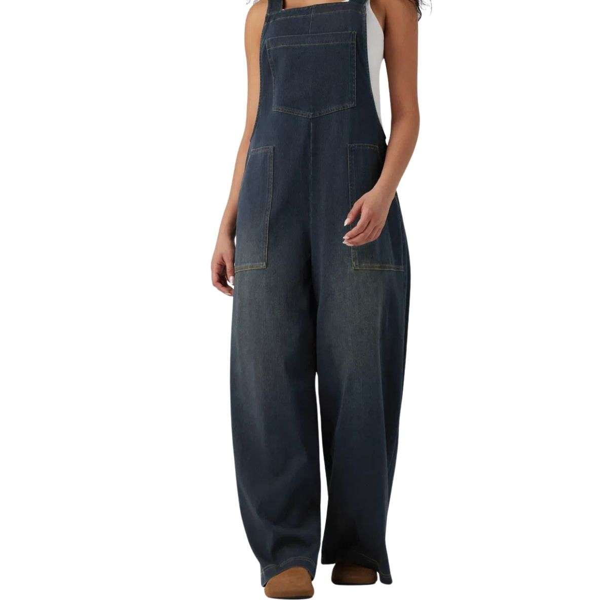 Washed Wide Leg Denim Overalls with Utility Pockets