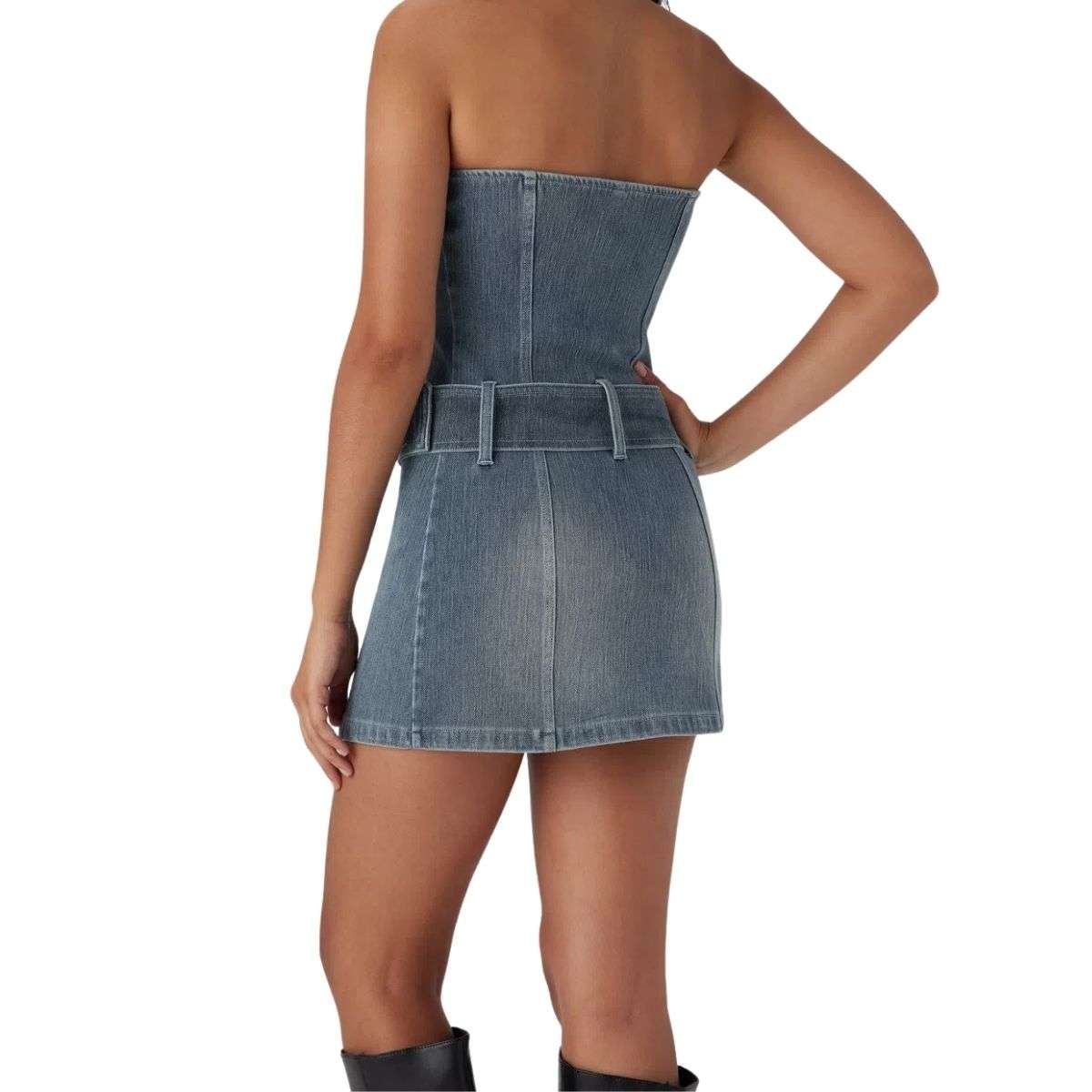 Halter Neck Belted Zip Front Denim Mini Dress