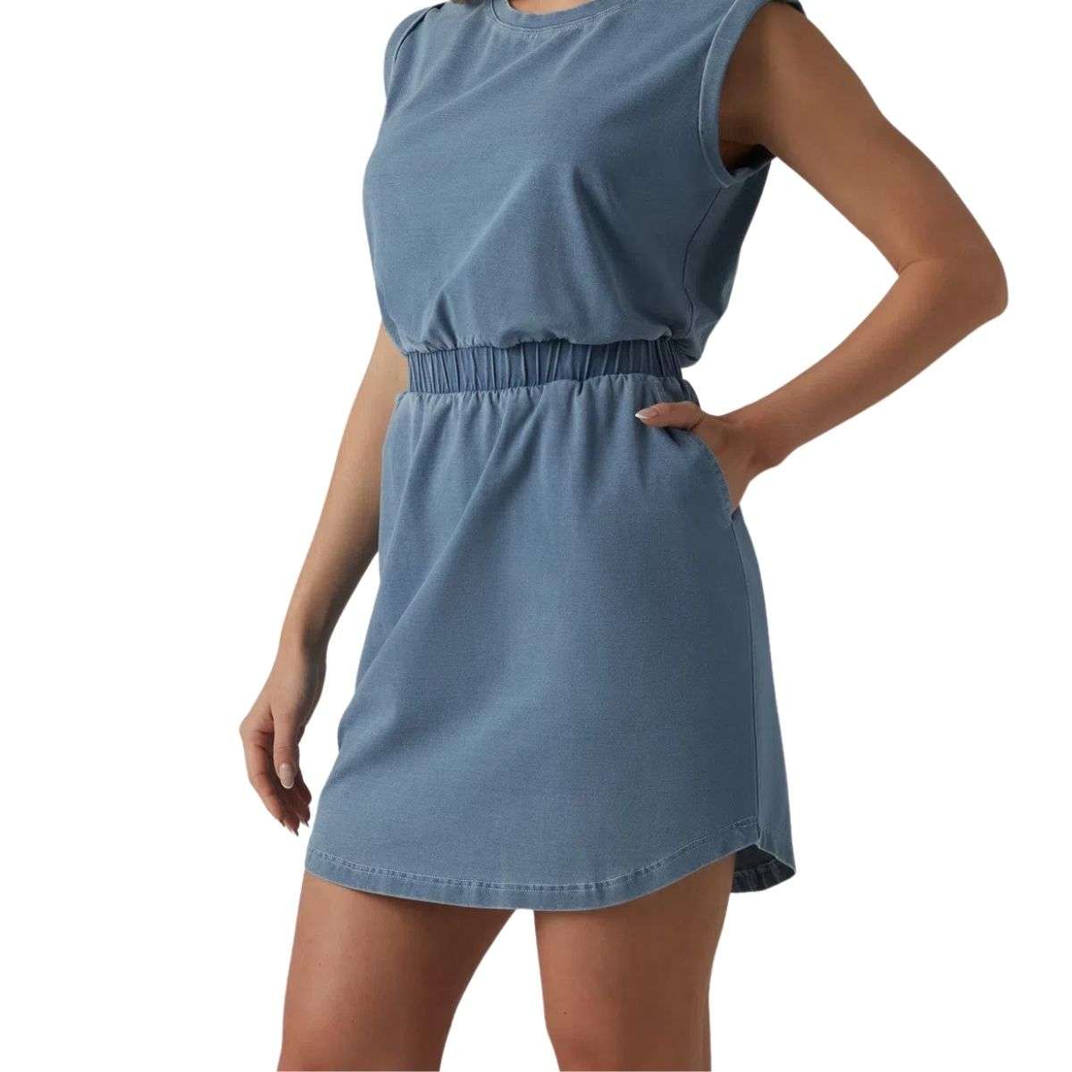 Round Neck Sleeveless Elastic Waist Denim Mini Dress