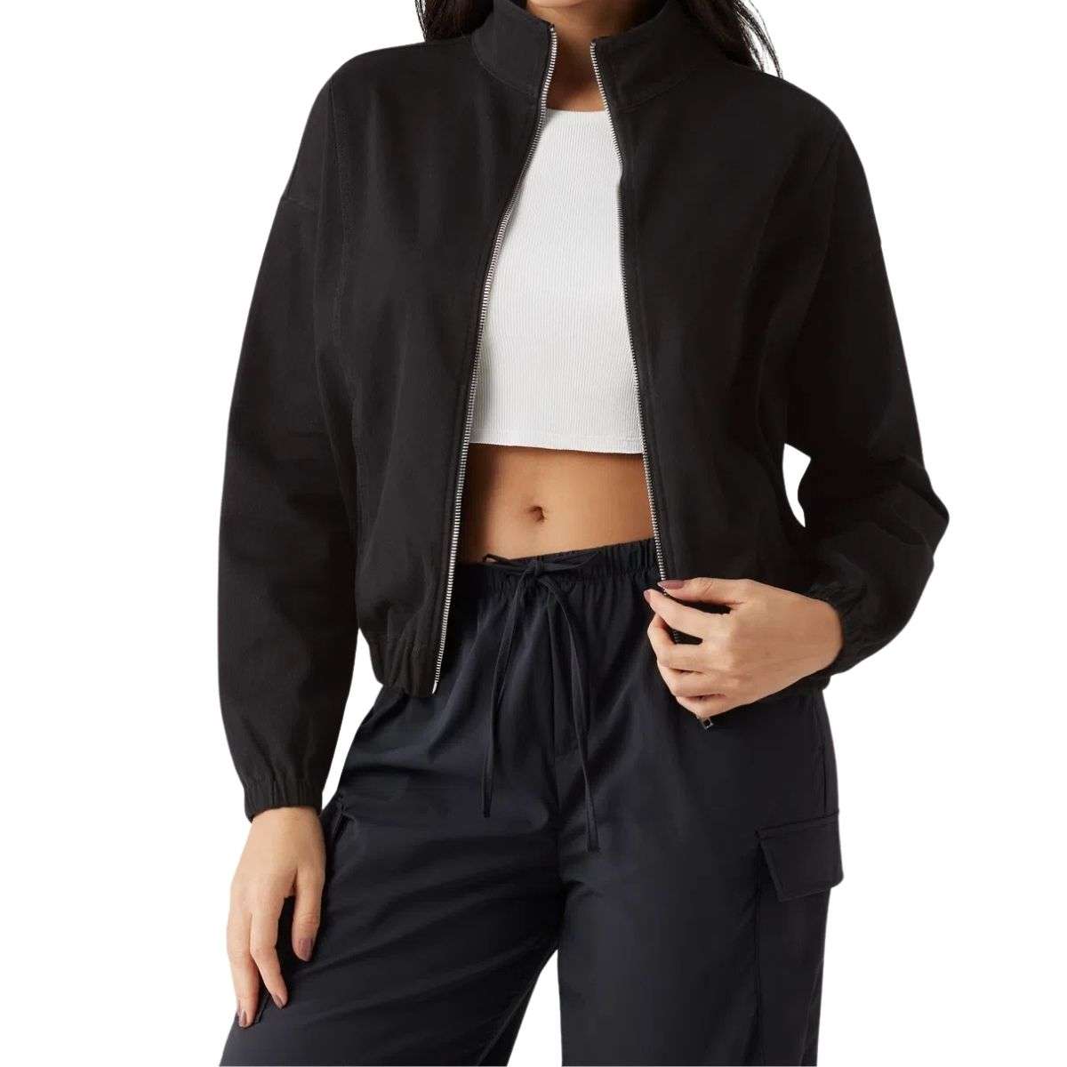 Zip-Up Stand Collar Relaxed Denim Jacket