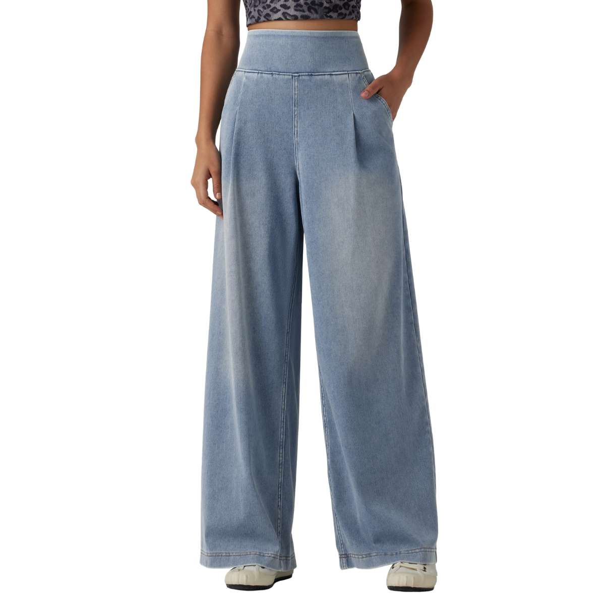 High Waist Washed Wide Leg Jeans with Stretch Waistband
