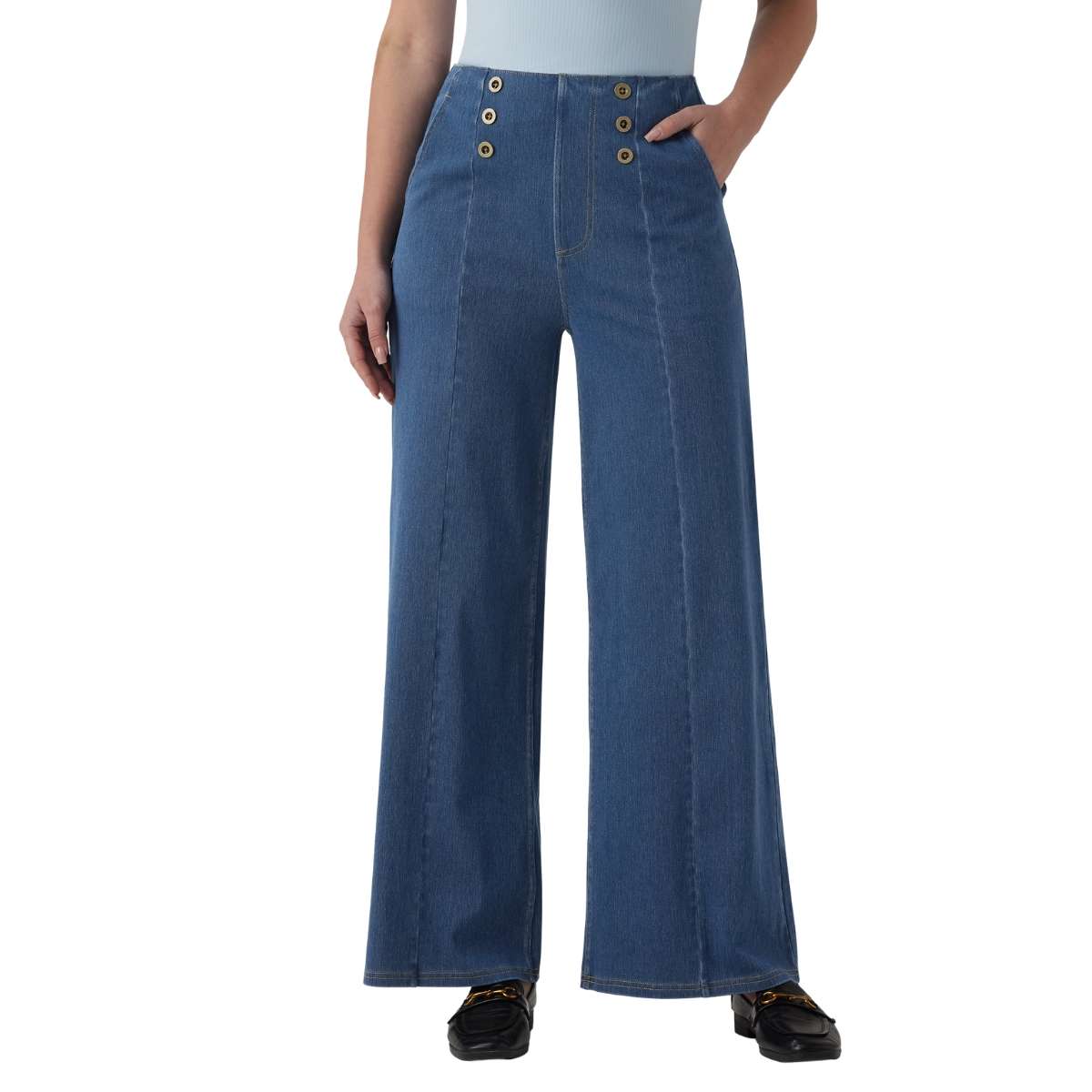 High Waist Button Detail Wide Leg Jeans