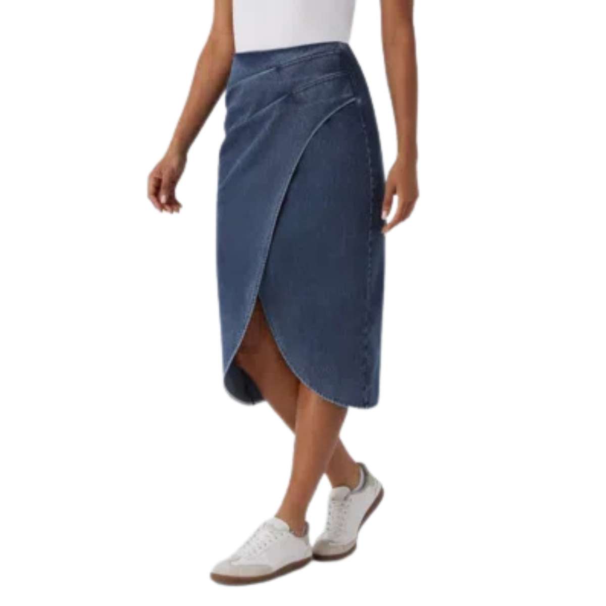 High Rise Wrap Front Tulip Midi Denim Skirt