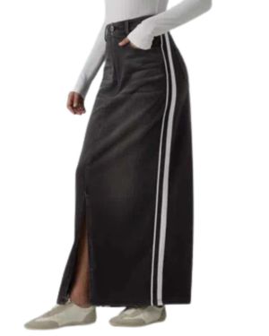 High Rise Side Stripe Split Maxi Denim Skirt
