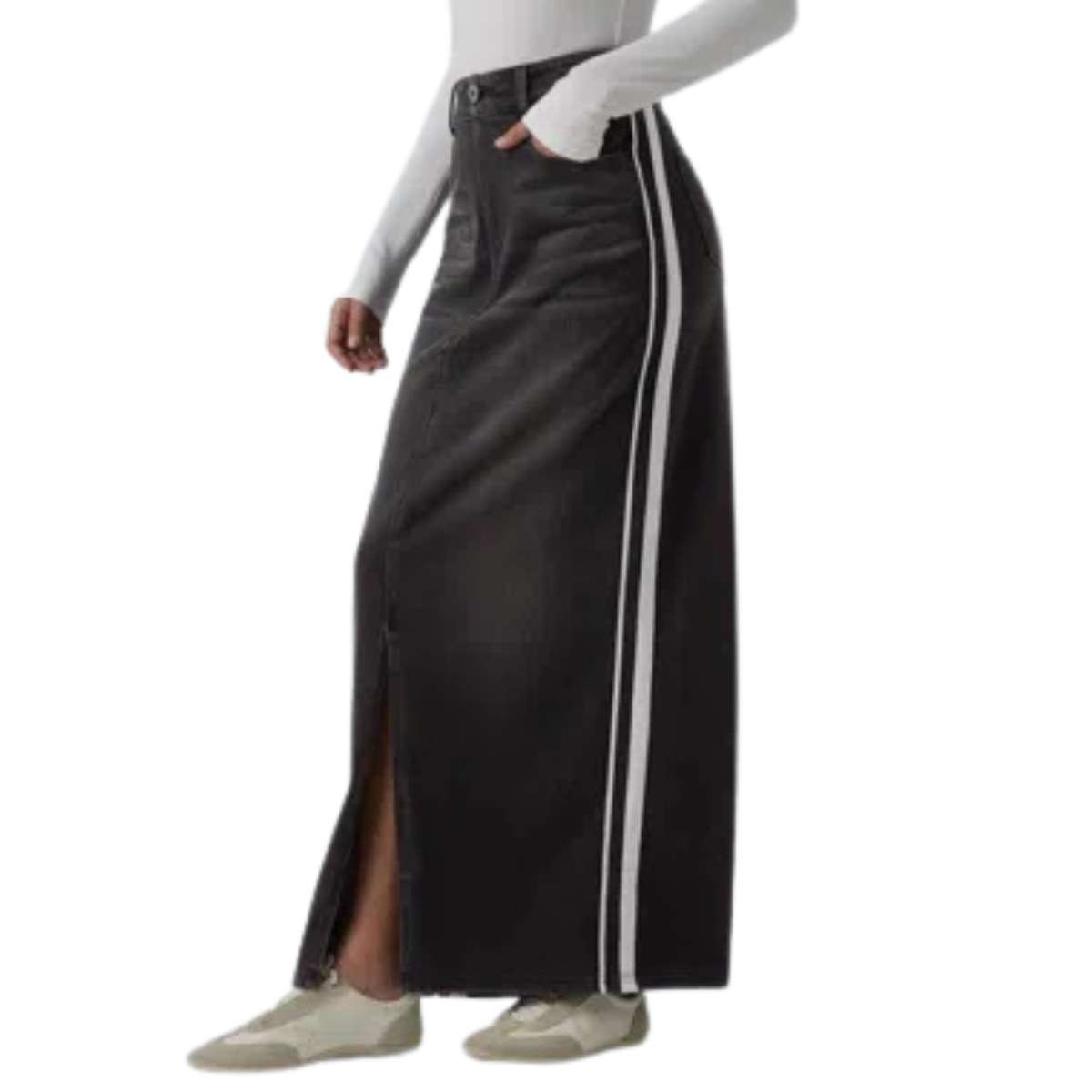 High Rise Side Stripe Split Maxi Denim Skirt