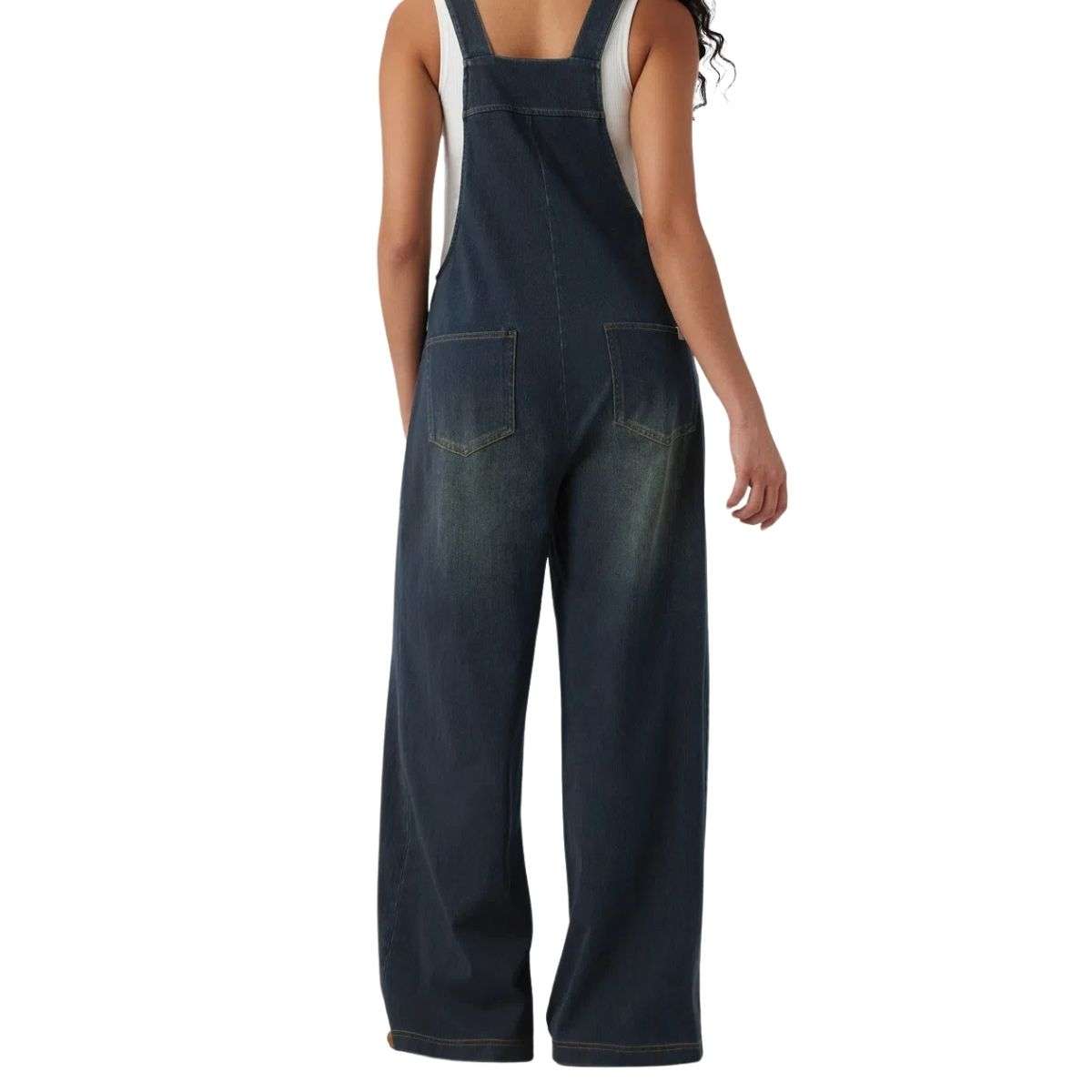 Washed Wide Leg Denim Overalls with Utility Pockets