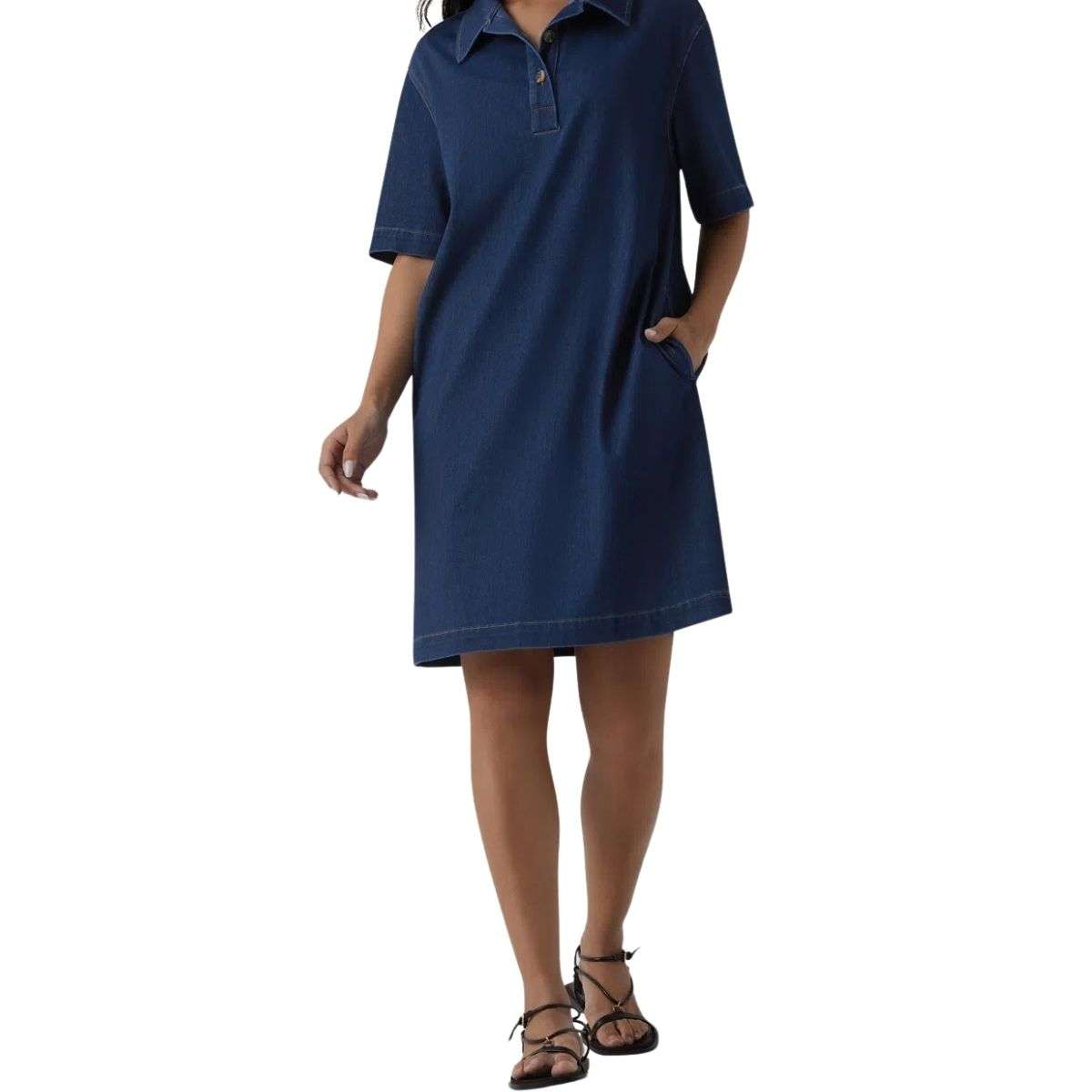 Short Sleeve Polo Denim Mini Dress with Pockets