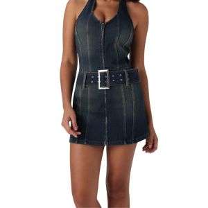 Halter Neck Belted Zip Front Denim Mini Dress