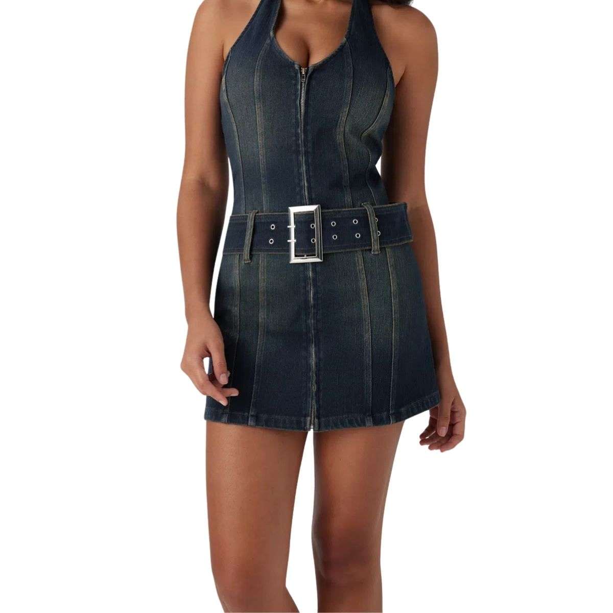 Halter Neck Belted Zip Front Denim Mini Dress