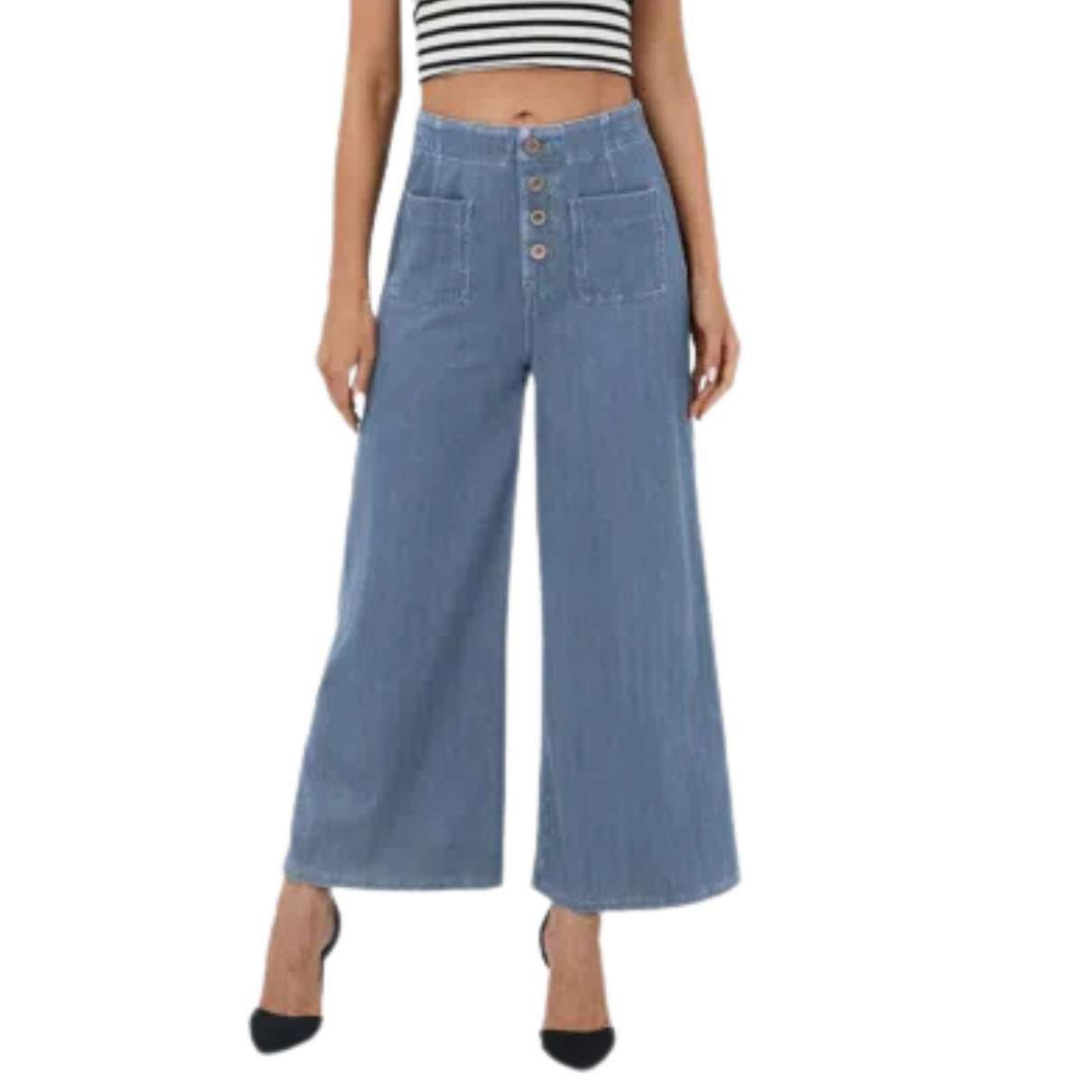 High Rise Button Front Cropped Wide Leg Jeans
