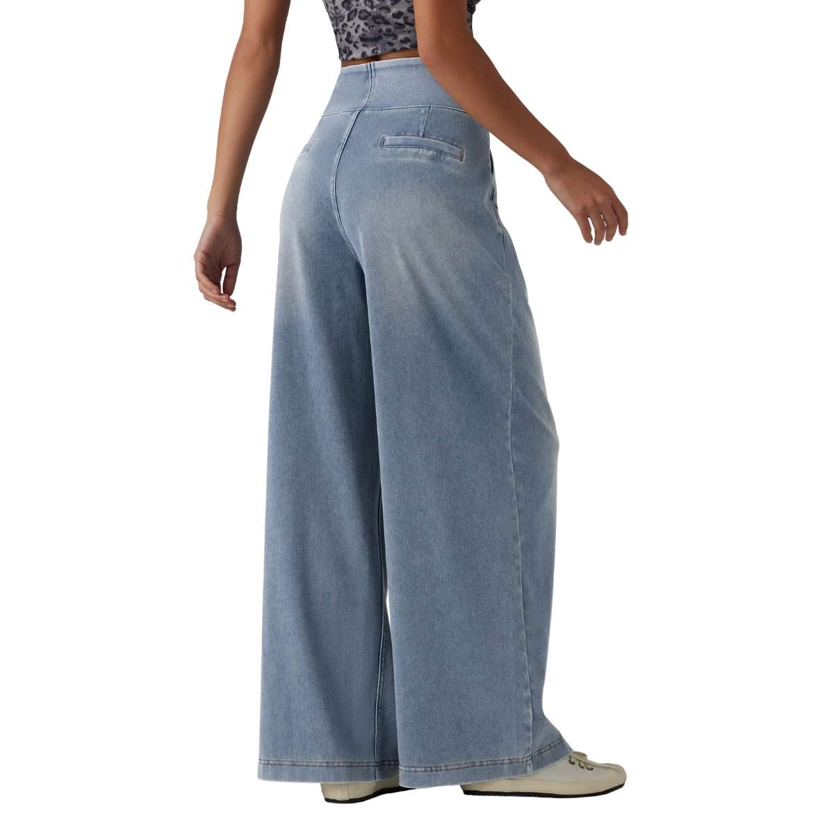 High Waist Washed Wide Leg Jeans with Stretch Waistband