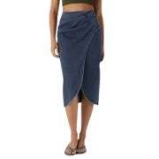 High Rise Wrap Front Tulip Midi Denim Skirt