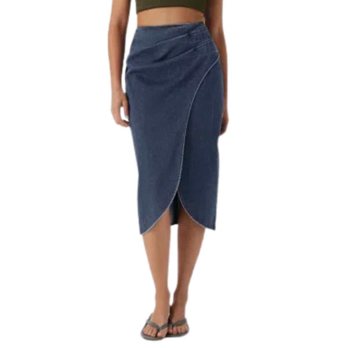 High Rise Wrap Front Tulip Midi Denim Skirt