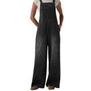 Washed Wide Leg Denim Overalls with Utility Pockets