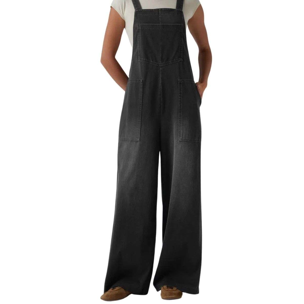 Washed Wide Leg Denim Overalls with Utility Pockets