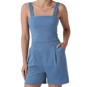 Square Neck Sleeveless Denim Romper with Pockets