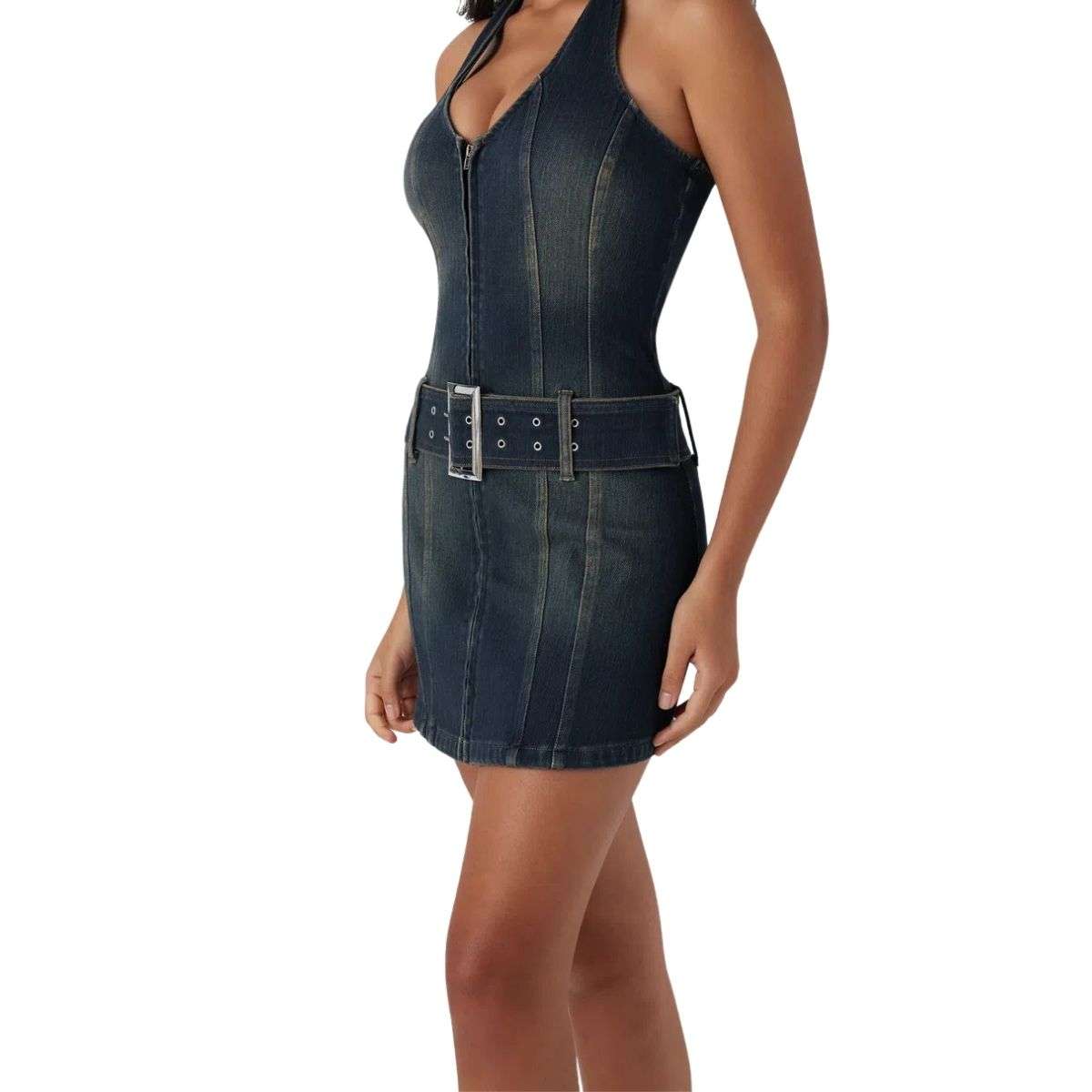 Halter Neck Belted Zip Front Denim Mini Dress