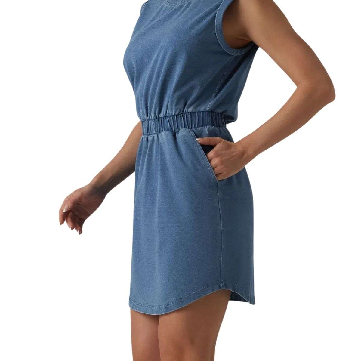 Round Neck Sleeveless Elastic Waist Denim Mini Dress