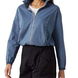 Zip-Up Stand Collar Relaxed Denim Jacket