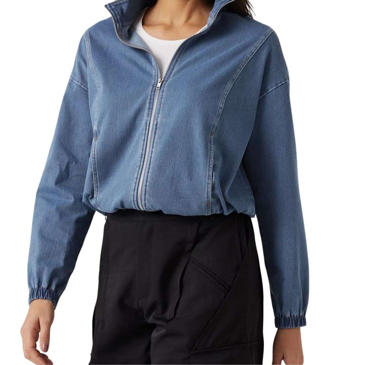 Zip-Up Stand Collar Relaxed Denim Jacket