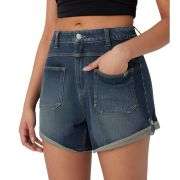 Vintage Wash Mid-Rise Cuffed Denim Shorts with Patch Pockets