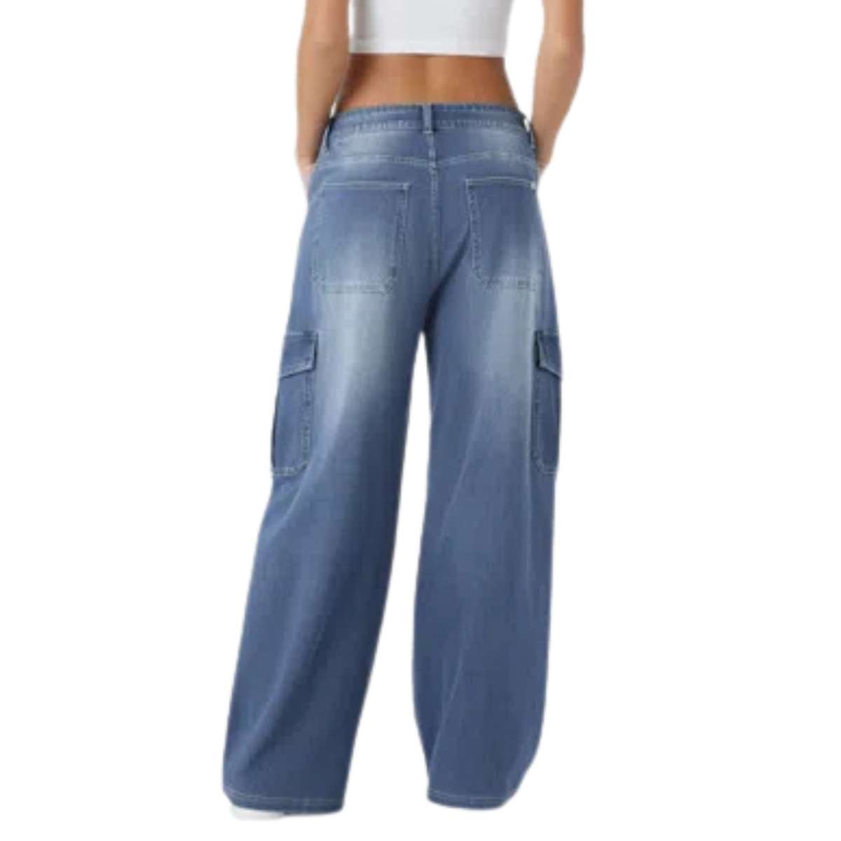 Low Rise Relaxed Wide Leg Cargo Jeans with Utility Pockets