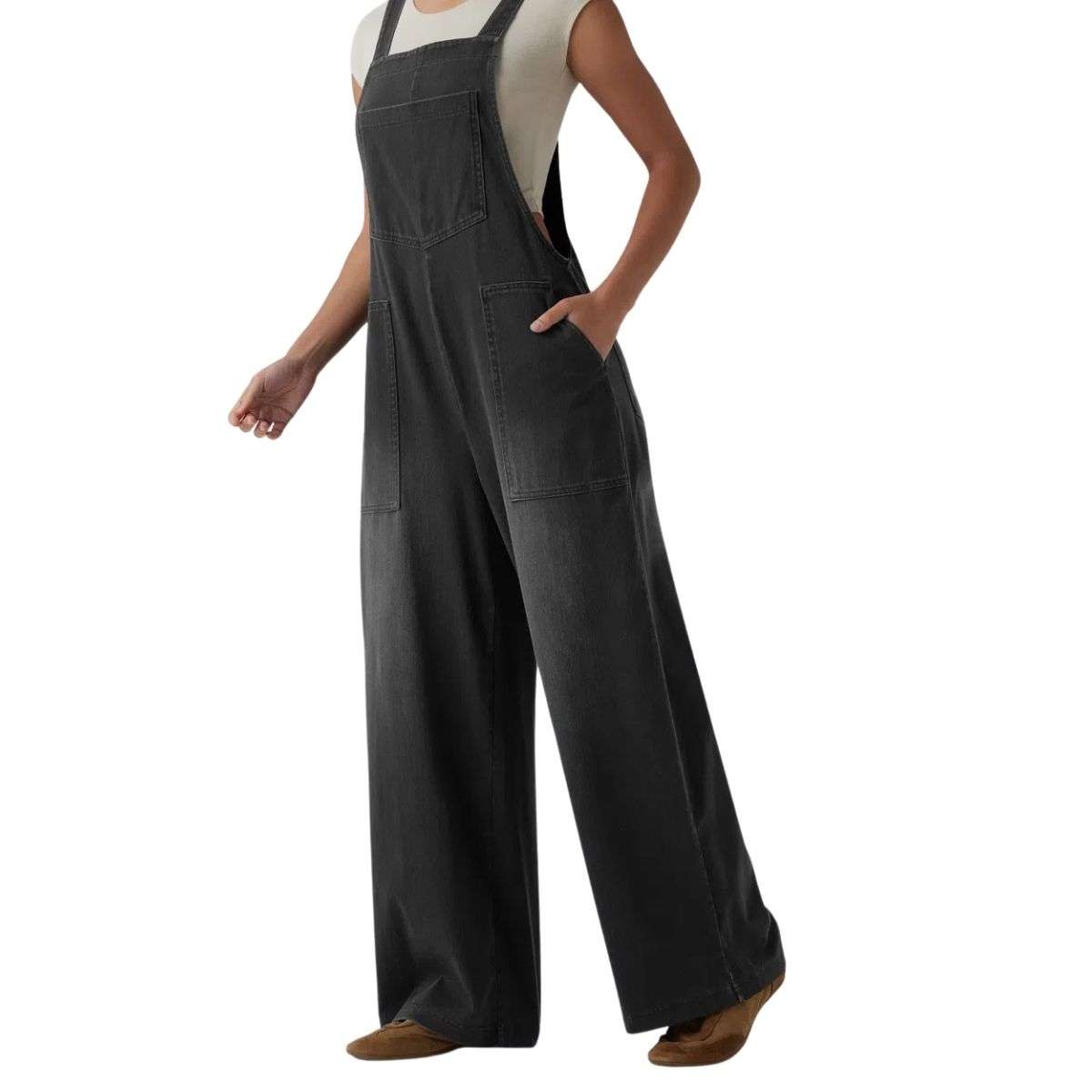 Washed Wide Leg Denim Overalls with Utility Pockets
