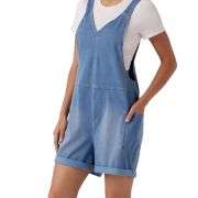 V-Neck Rolled Hem Denim Short Overalls with Pockets