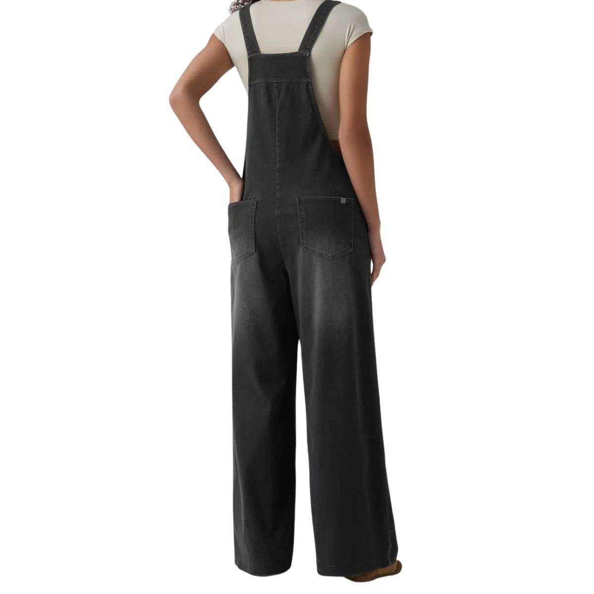 Washed Wide Leg Denim Overalls with Utility Pockets