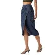 High Rise Wrap Front Tulip Midi Denim Skirt