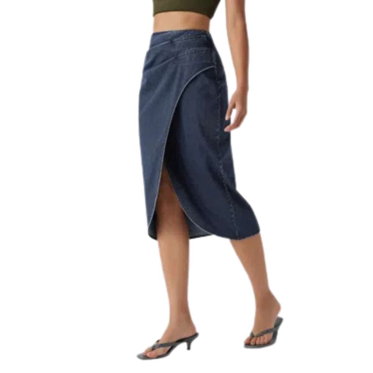 High Rise Wrap Front Tulip Midi Denim Skirt