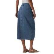 High Rise Wrap Front Tulip Midi Denim Skirt